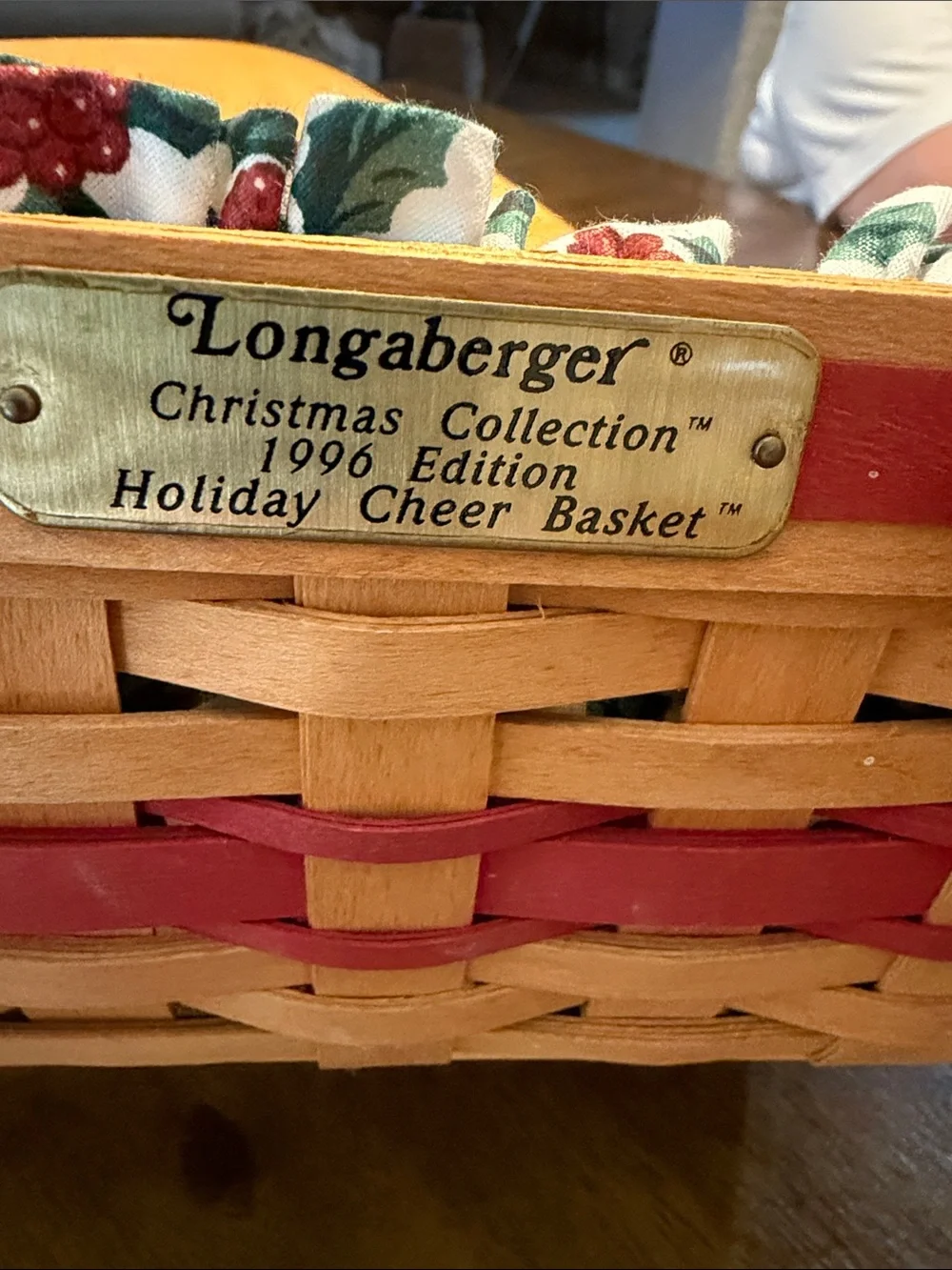 Longaberger Wood-Lid Basket with Red Trim and Floral Liner